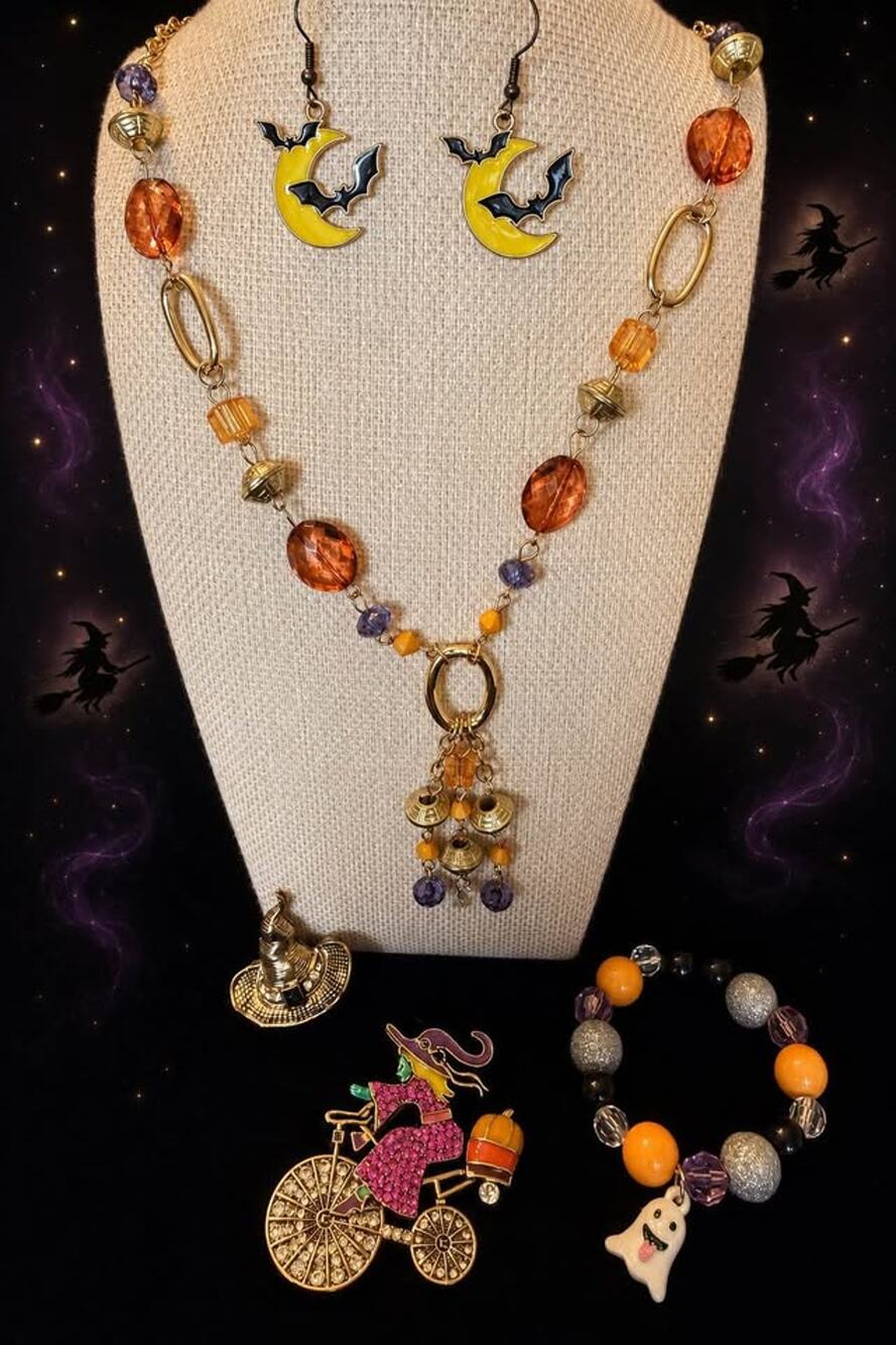 Halloween Jewelry Lot - 5 pieces-Necklace, Earrings, Bracelet, 2 Pins/brooches